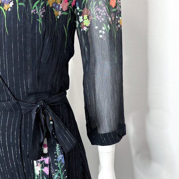 Anthropologie Laia Metallic Floral Print Midi Wrap Dress Black Navy Women's Sz S - Picture 11 of 17